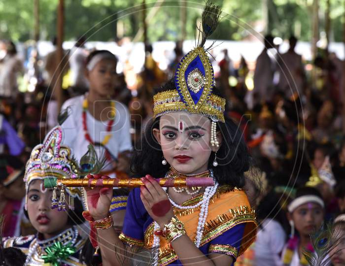 . Little Children Dressed Up As Lord Krishna During The Janmashtami Festival In Morigaon, Assam, India