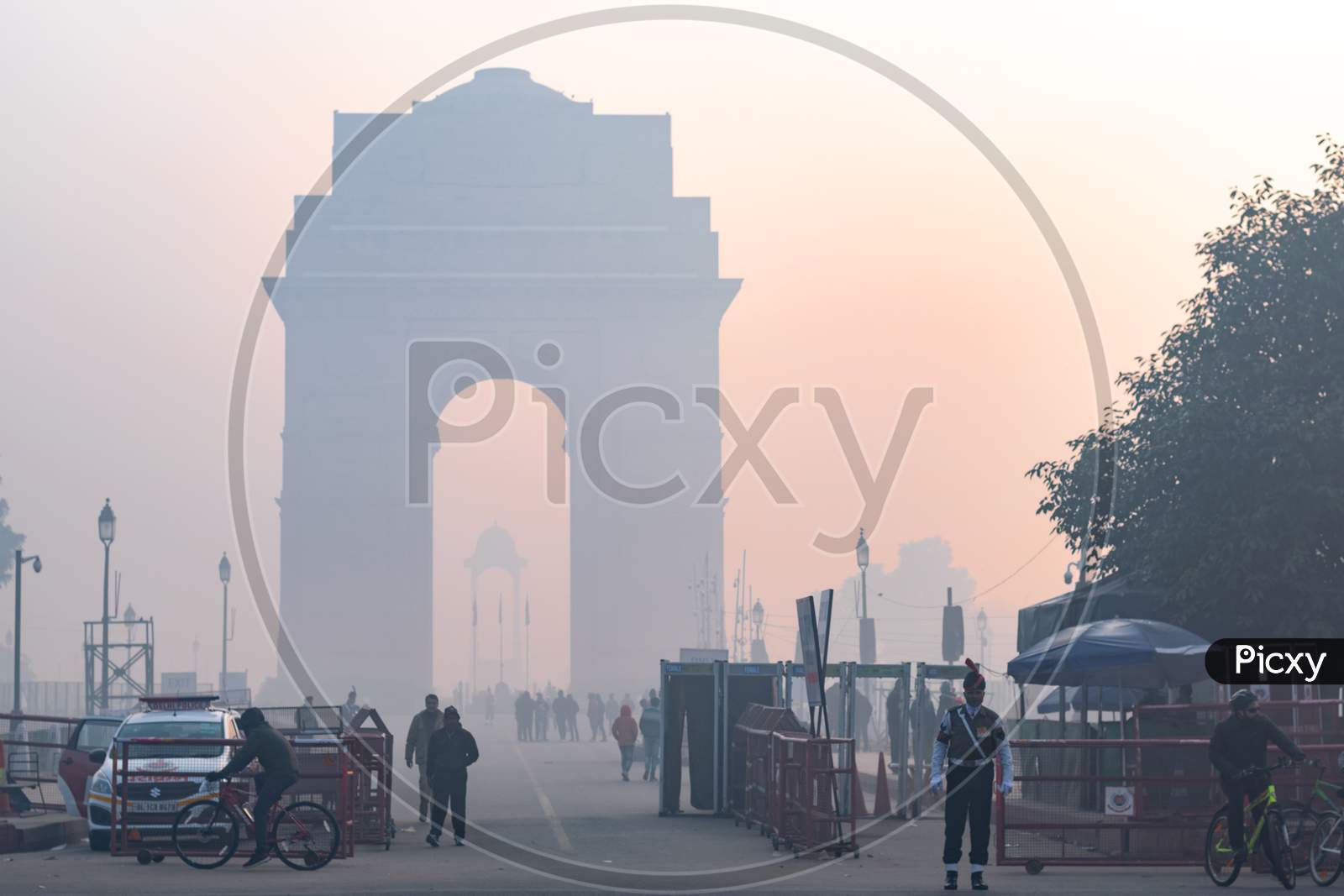 India Gate in the foggy morning during winters in Delhi