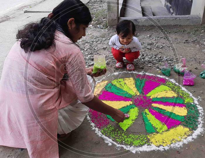 People Makes Rangoli In The Occasion Of Diwali Festival, At Bhawanipur Village In Barpeta District Of Assam