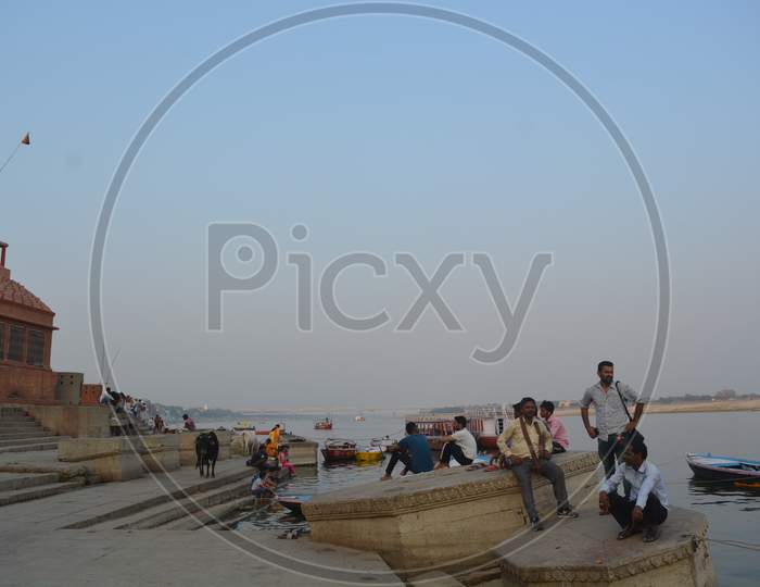 Ghats of Varanasi With Tourists Boats