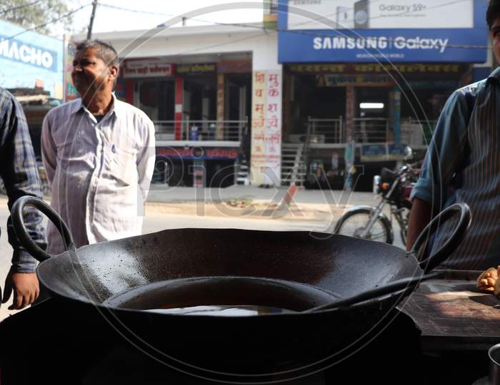 Kadai With Hot Oil In an Street Food Stall