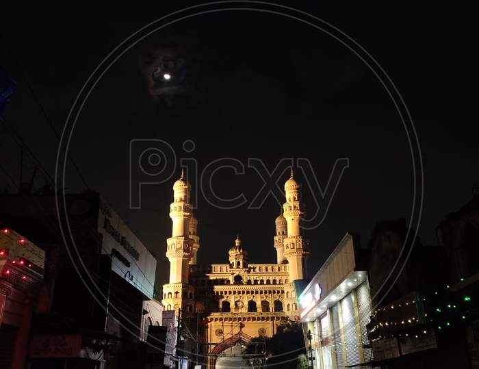 Charminar in Night Lights  Glow From a Street