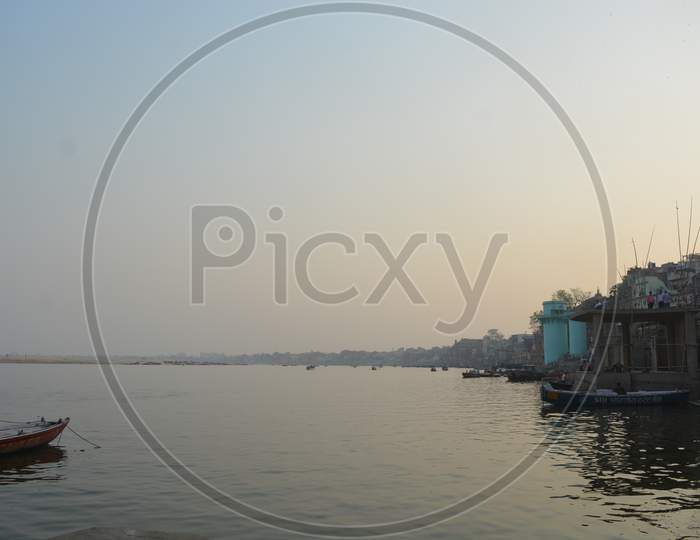 Ghats of Varanasi With Tourists Boats