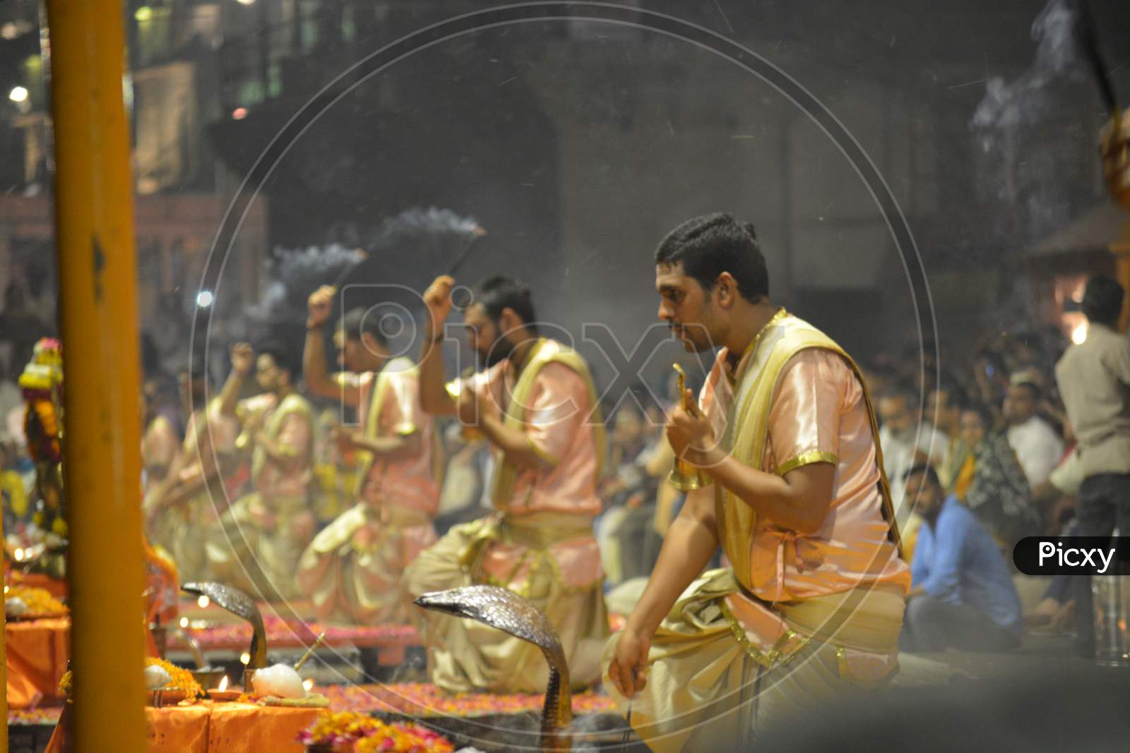 Priests Performing Ganga Aarthi In Varanasi Ghats