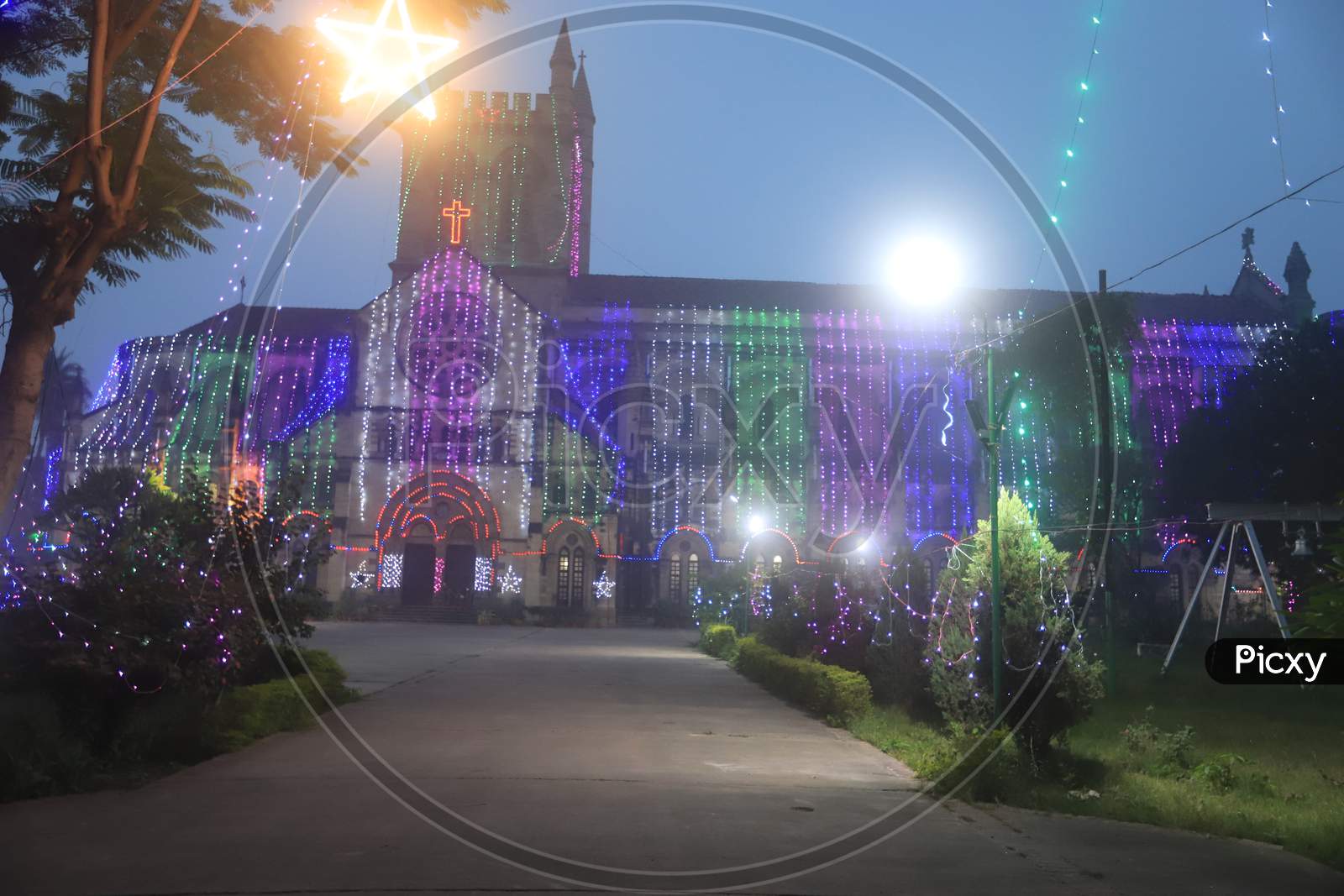 Church Decorated With Led Lights During Christmas Celebrations