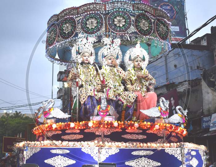 Indian Children in Hindu God Getups Rama and Sita  During a Procession