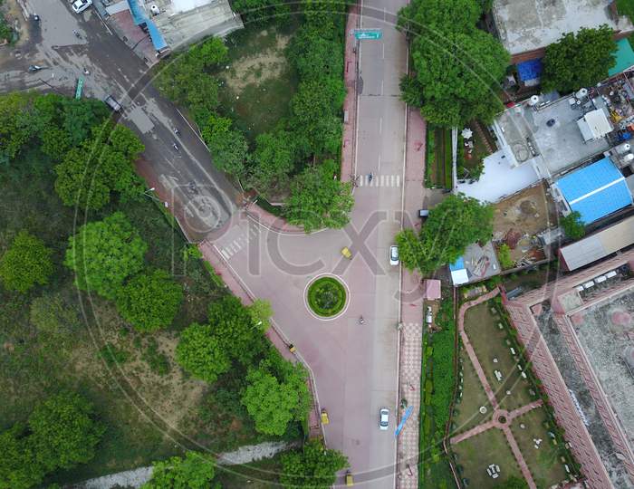 Aerial View Of  Y Junction Road With Vehicles Shot With drone