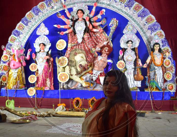 Indian Woman At Goddess Durga Pandals During Navratri Festival