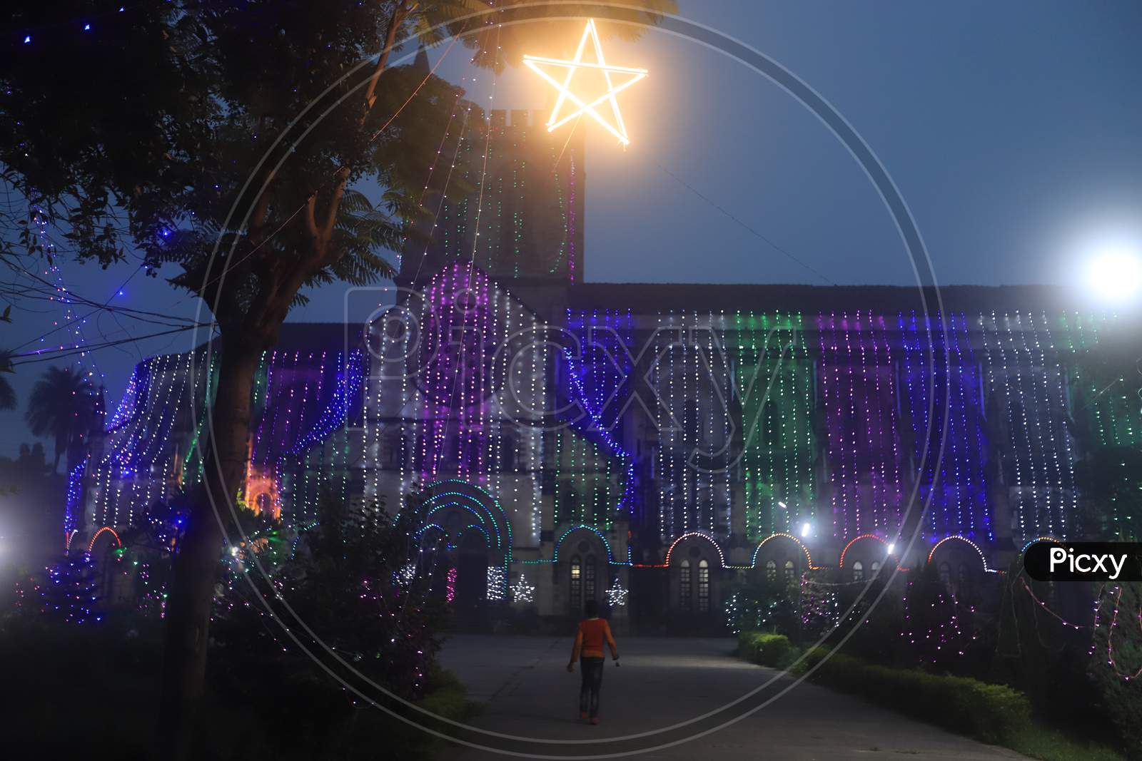 Church Decorated With Led Lights During Christmas Celebrations