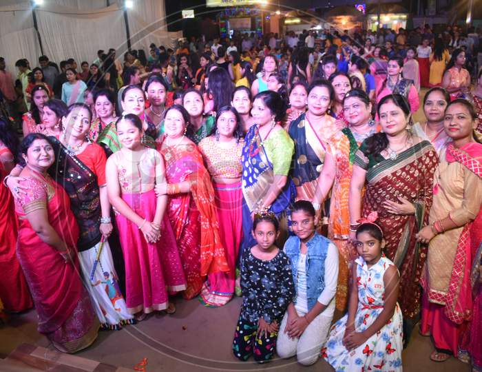 Woman Posing As a Group During Durga Navrathri Celebrations