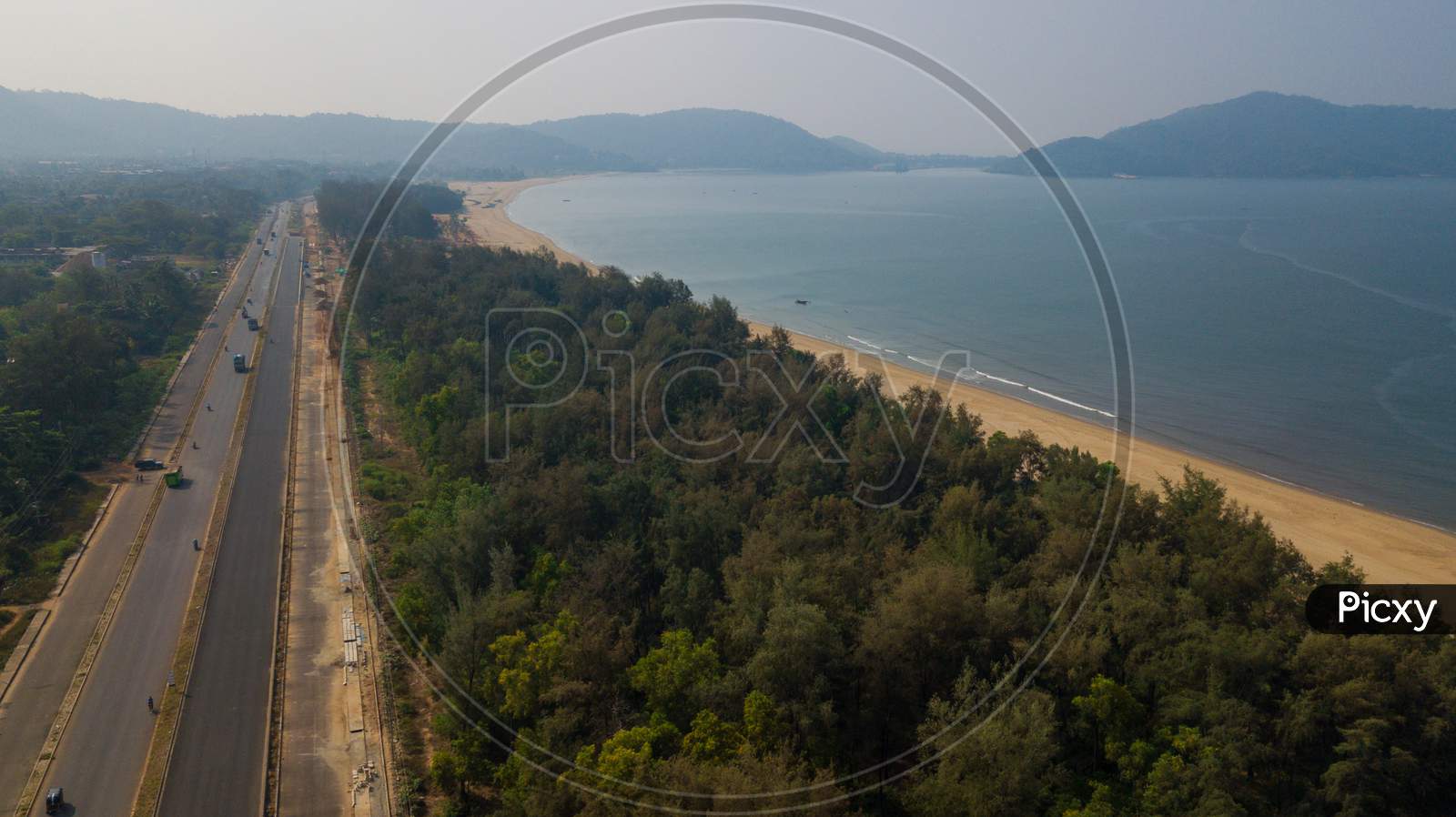 Aerial View of Highway Road besides Sea Coast In Murudehswar