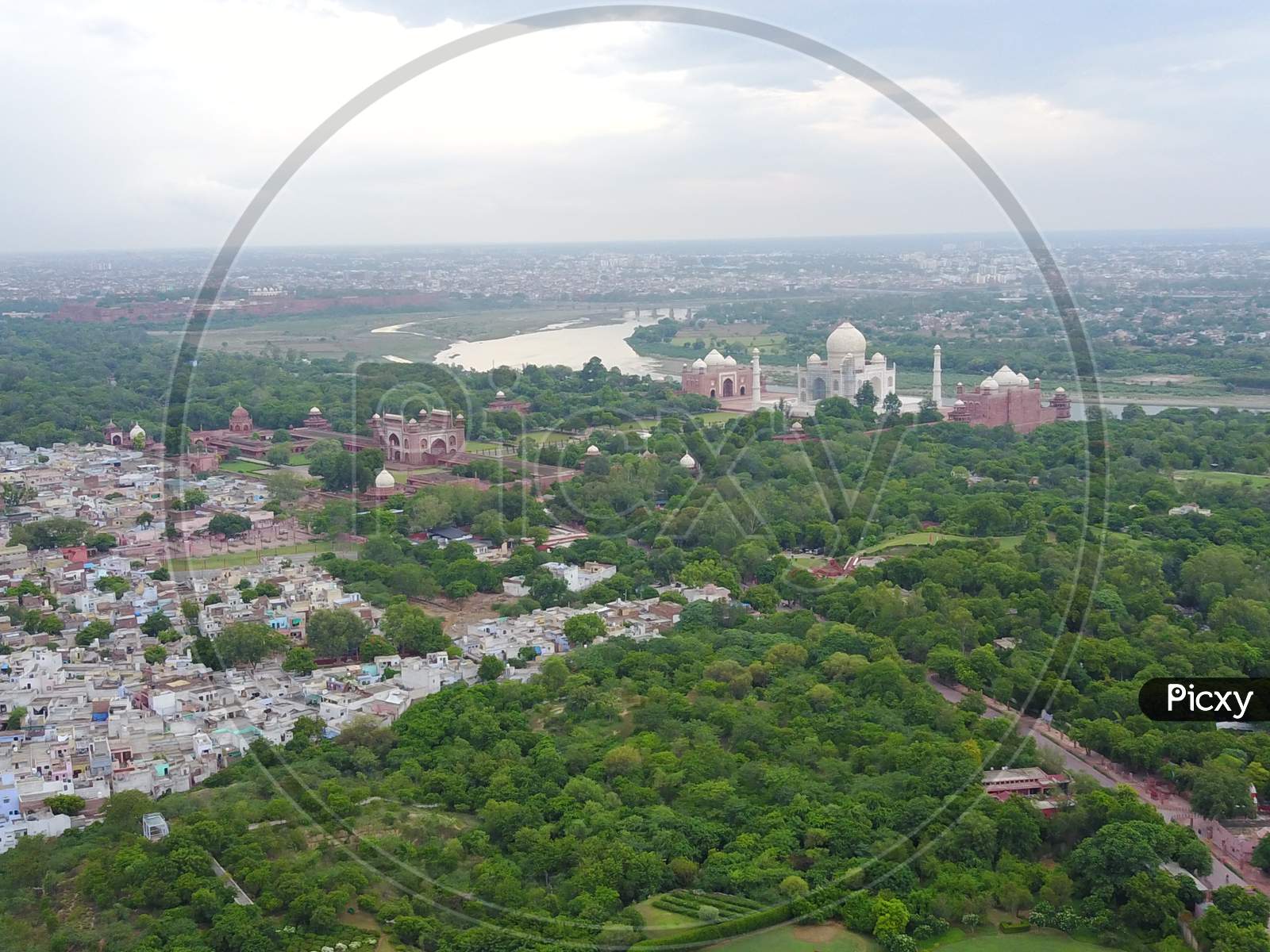 Aerial View of Agra City and Taj Mahal