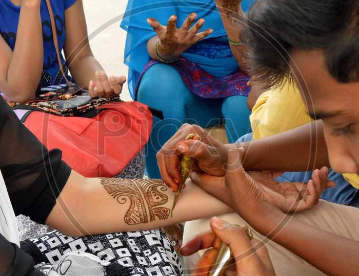 Women Applying Heena On Their Hands Ahead Of Teej Festival   In Prayagraj,
