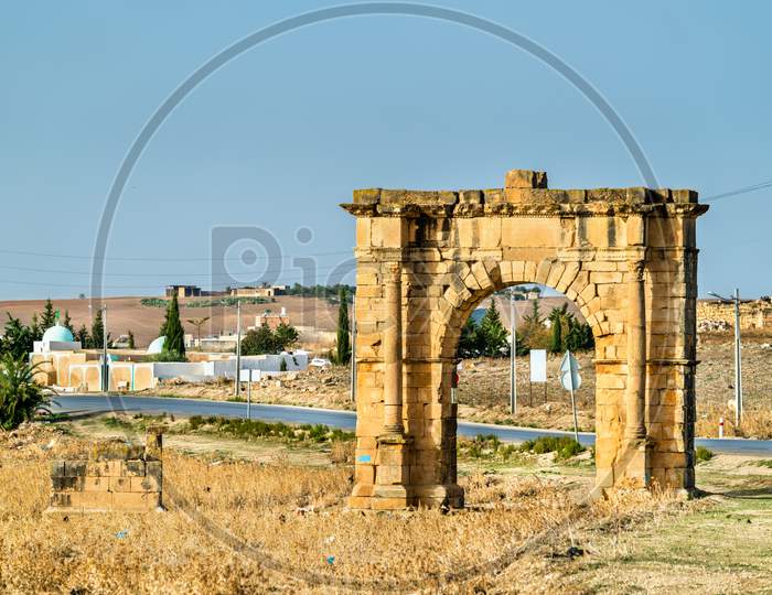 Ancient Roman Triumphal Arch In The Tunisian Countryside Near Dougga And Al Karib