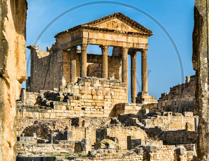 The Roman Capitol At Dougga. Unesco Heritage Site In Tunisia