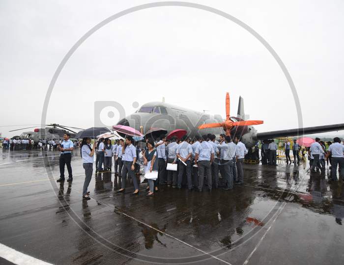College Students  At   Indian Air Force Helicopters During Expo In Guwahati, Assam