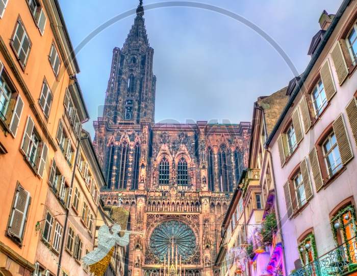 Christmas Decorations Near The Cathedral In Strasbourg, France