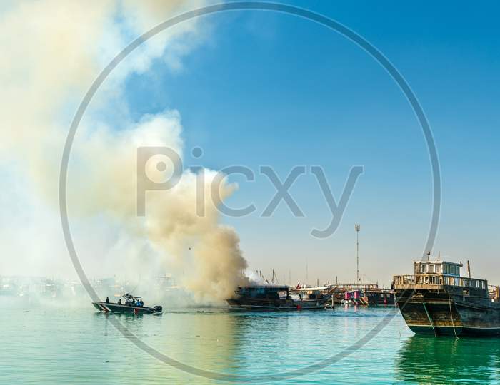 Traditional Arabic Dhow On Fire In Doha, Qatar