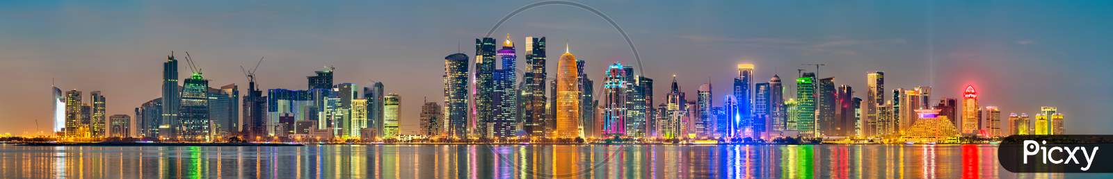 Skyline Of Doha At Sunset. The Capital Of Qatar