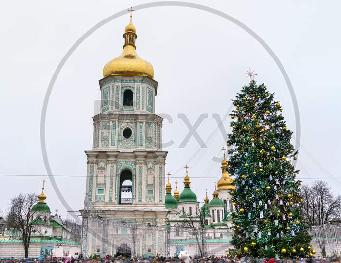Christmas Tree And Saint Sophia Cathedral, A Unesco World Heritage Site In Kiev, Ukraine