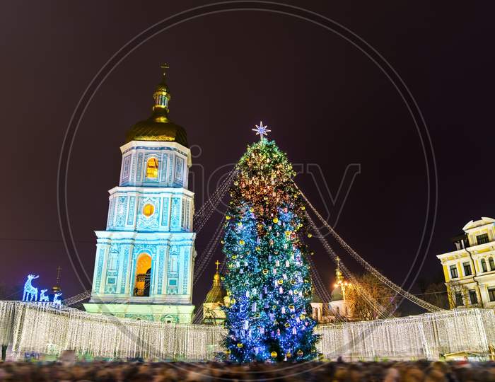 Christmas Tree And Saint Sophia Cathedral, A Unesco World Heritage Site In Kiev, Ukraine