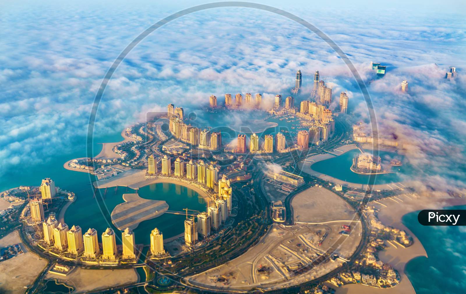 Aerial View Of The Pearl-Qatar Island In Doha Through The Morning Fog - Qatar, The Persian Gulf