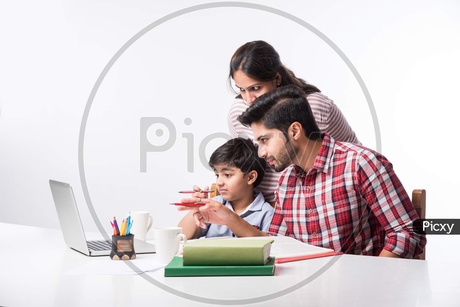 Online School In India Concept - Cute Little Son Taking Parent'S Help In Studies Or Homework