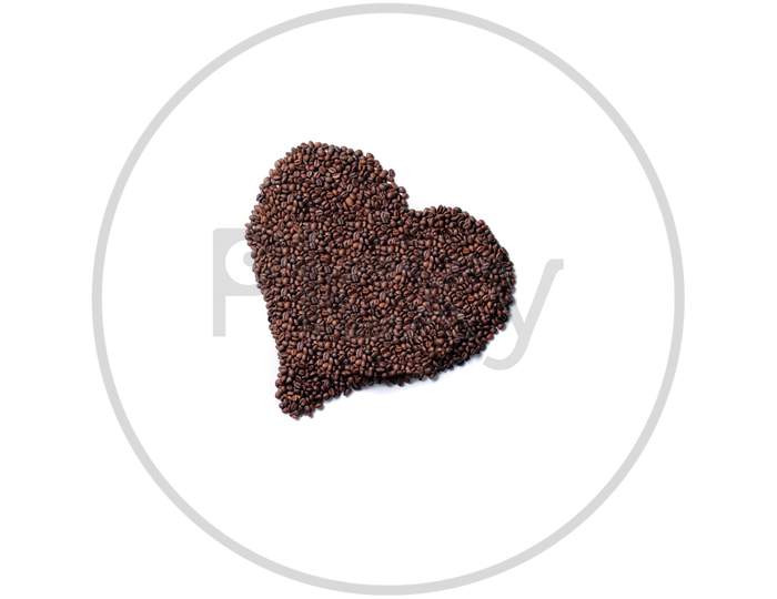 Pure Brown Coffee Beans Heart Isolated On White Background Close Up ,International Coffee Day