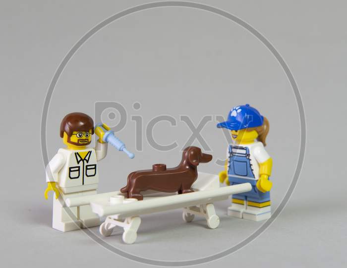 Florianopolis, Brazil. September 19, 2020: Vet Minifigure Giving Injection To A Dog While Its Owner Distracts Him With A Bone On White Background. Concept Of Care For Pets. Selective Focus. Dachshund.