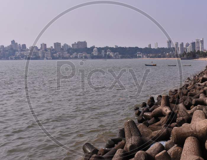 Mumbai Marine Drive Captured From Close With Big Rocks
