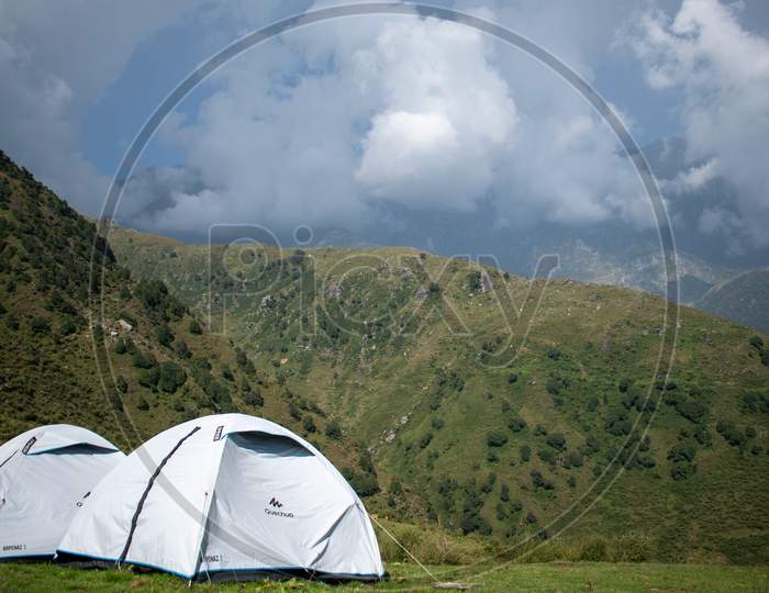 Camping in Mountains covered with clouds