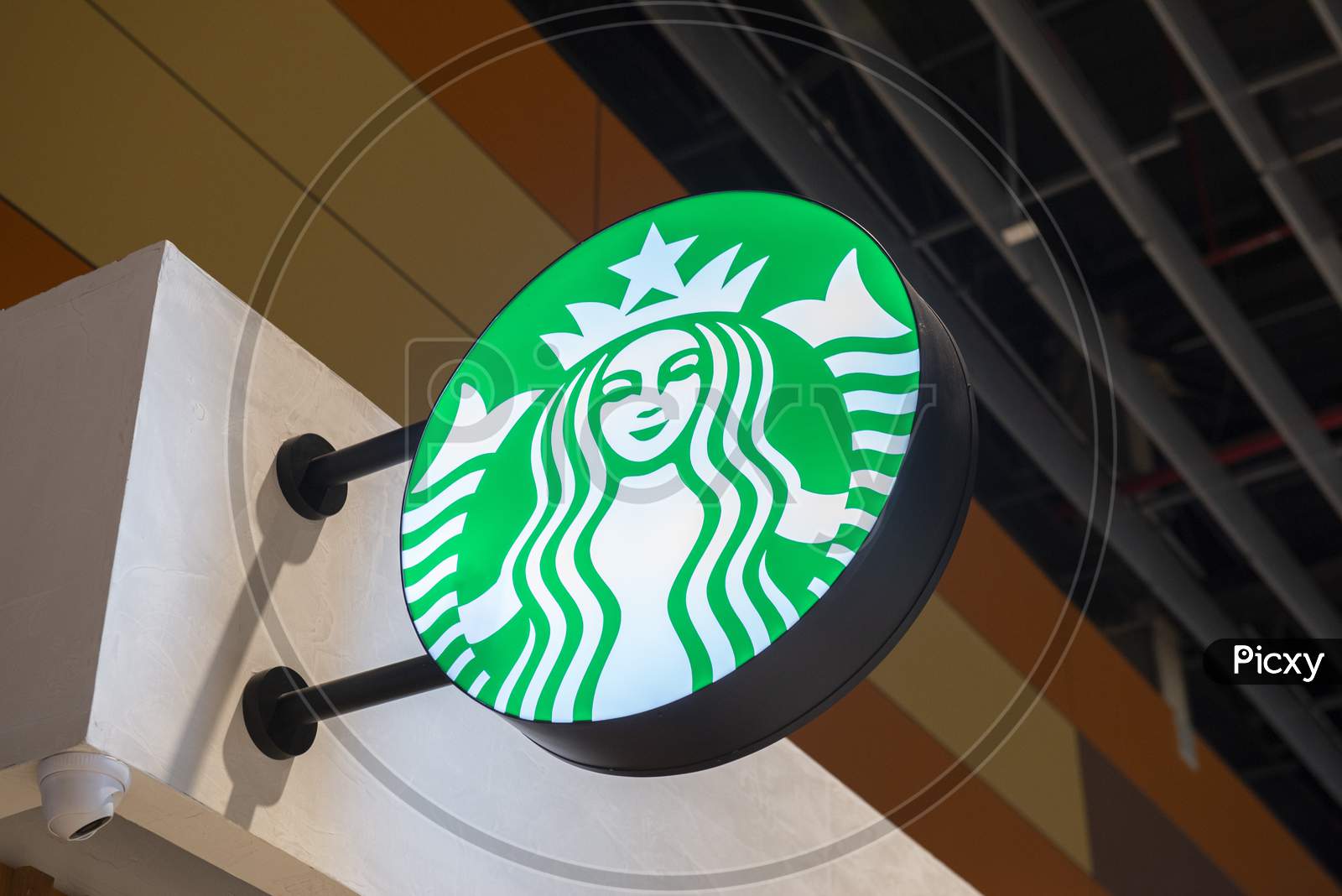 Florianopolis, Brazil. September 14, 2020: Sign Starbucks Coffee. Company Signboard Starbucks Coffee. Starbucks Is The Largest Coffeehouse Company In The World At Airport, Florianopolis - Brazil.