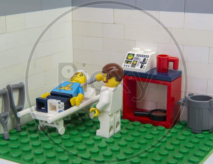 Florianopolis, Brazil. September 19, 2020: View Of Interior Of Empty Auto Repair Garage Made By Lego. Concept Of Mechanical Workshop For Repair And Maintenance Of Car Or Motorbikes.