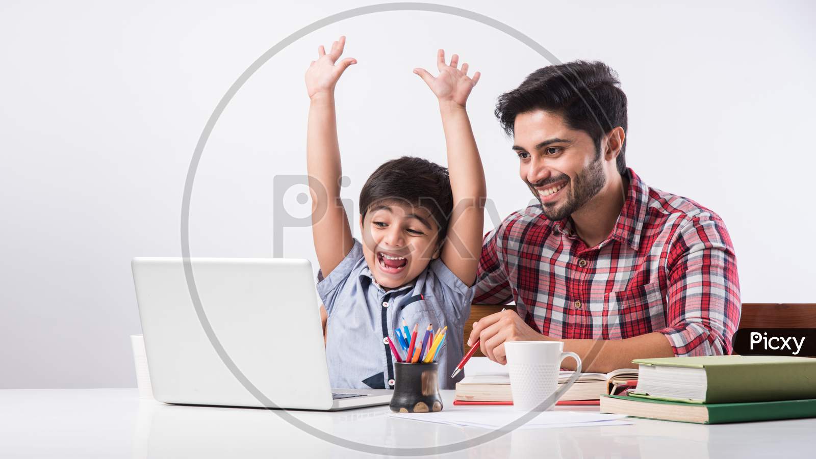 Online School In India Concept - Cute Little Son Taking Father'S Help In Studies Or Homework