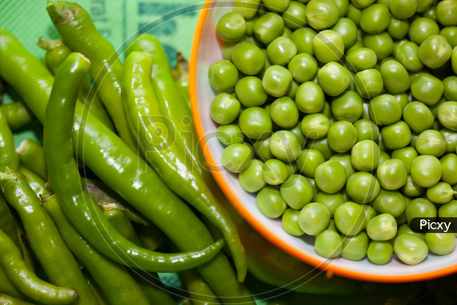 Closeup Of Fresh Green Beans & Chilli.
