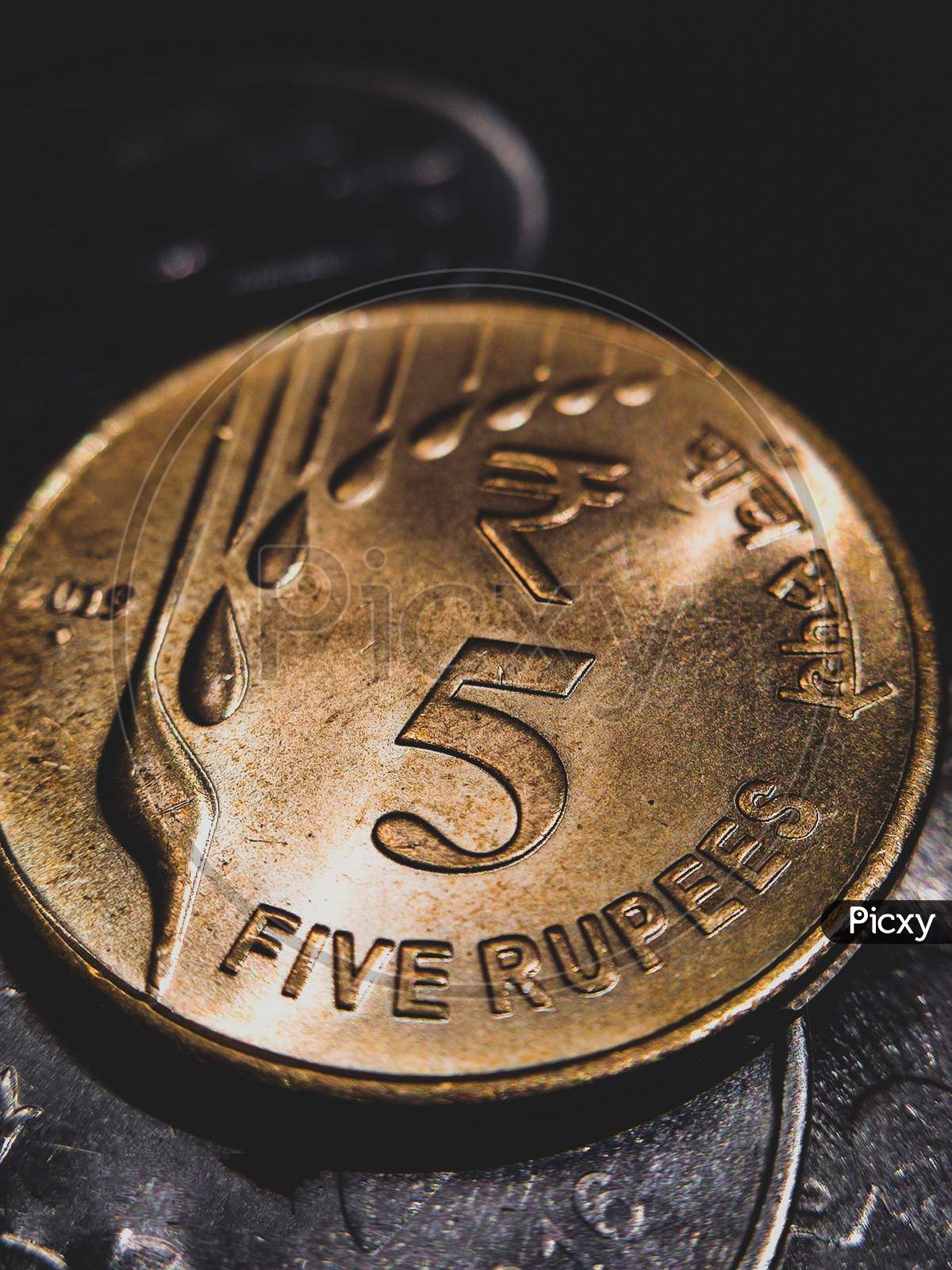 A macro shot five rupees coin