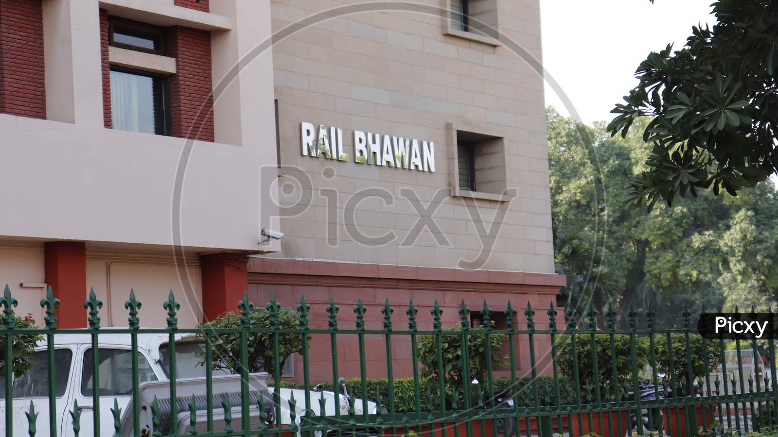 elhi, India - OCT 10, 2020 Boards outside Rail Bhawa building on india Gate. Rail Bhavan is the headquarters of the Indian Railways. It is located at Raisina Road, New Delhi, near the Sansad Bhavan.