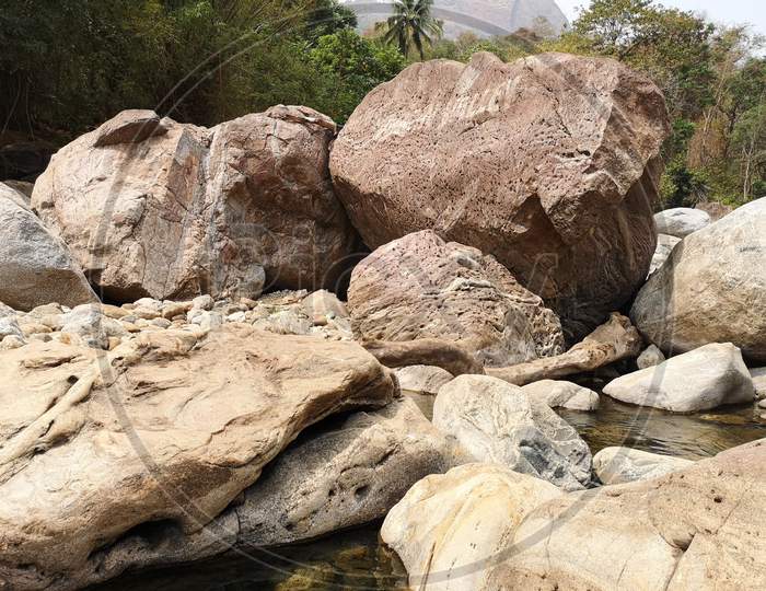 Huge river rocks in the virgin valley, Kunthipuzha River, Kerala
