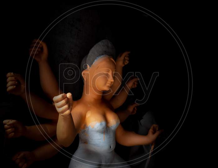 Maa Durga Idol In Making Process Or Semi Finished Structure.
