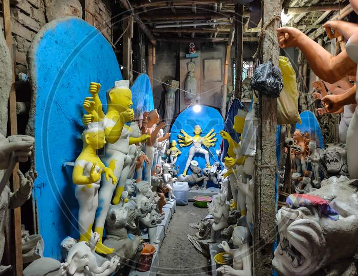 Maa Durga Idol In Making Process Or Semi Finished Structure.