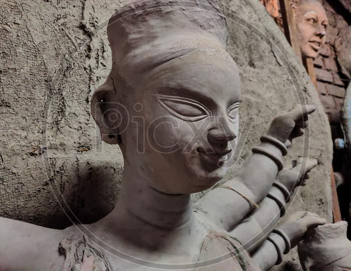 Face Of Maa Durga Idol In Making Process Or Semi Finished Stage.
