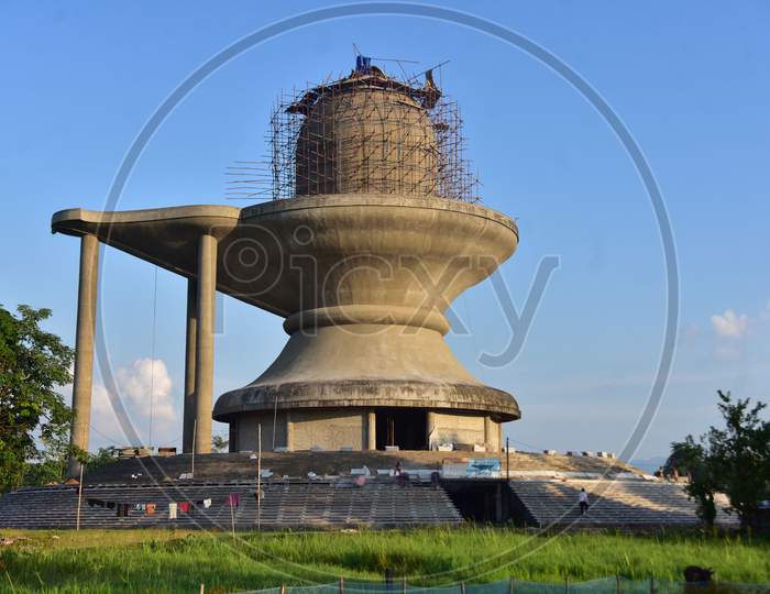 Construction work of  Shivlinga shaped Maha Mritunjoy Temple underway in Narasingha Kshetra in Nagaon District of Assam, India on Oct 10,2020