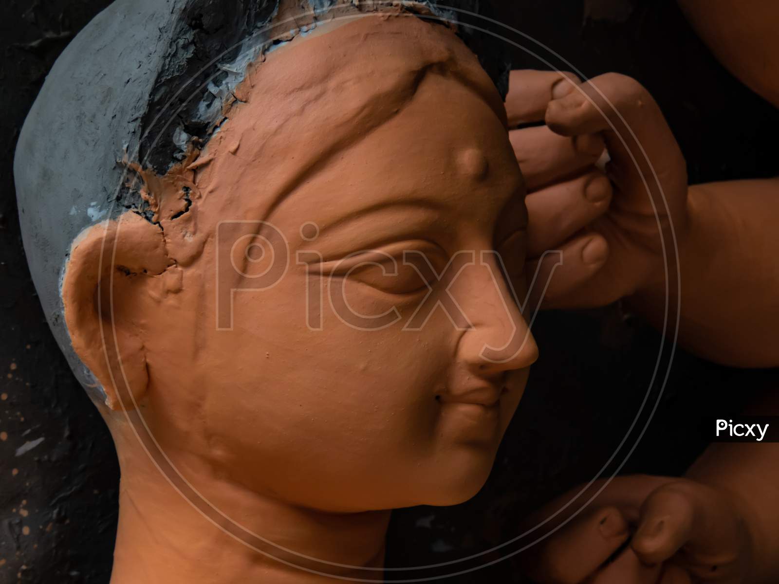 Face Of Maa Durga Idol In Making Process Or Semi Finished Stage.