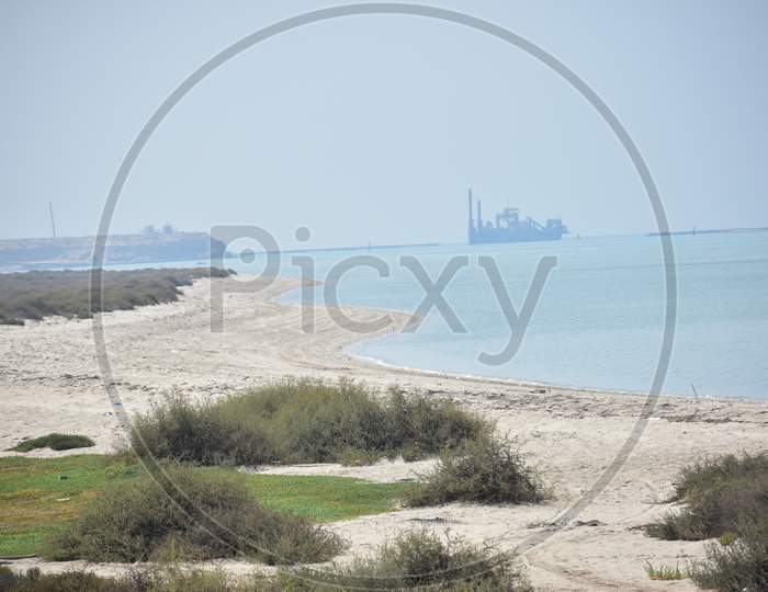 View Of A Sand Dragger Boat Anchored On A Seashore.Abu Dhabi,Uae.10.10.2020.