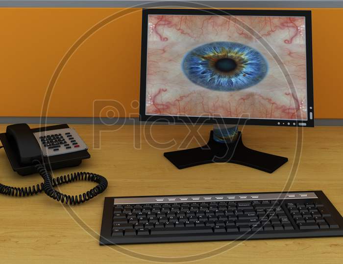 Desktop, Keyboard And Mouse With Telephone Isolated On Desk. 3D Rendered
