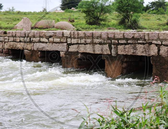 Bridge with water flow due to heavy rains