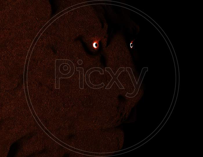 Lion Close Up Face Showing On Black Background, Illustration. 3D Rendered.