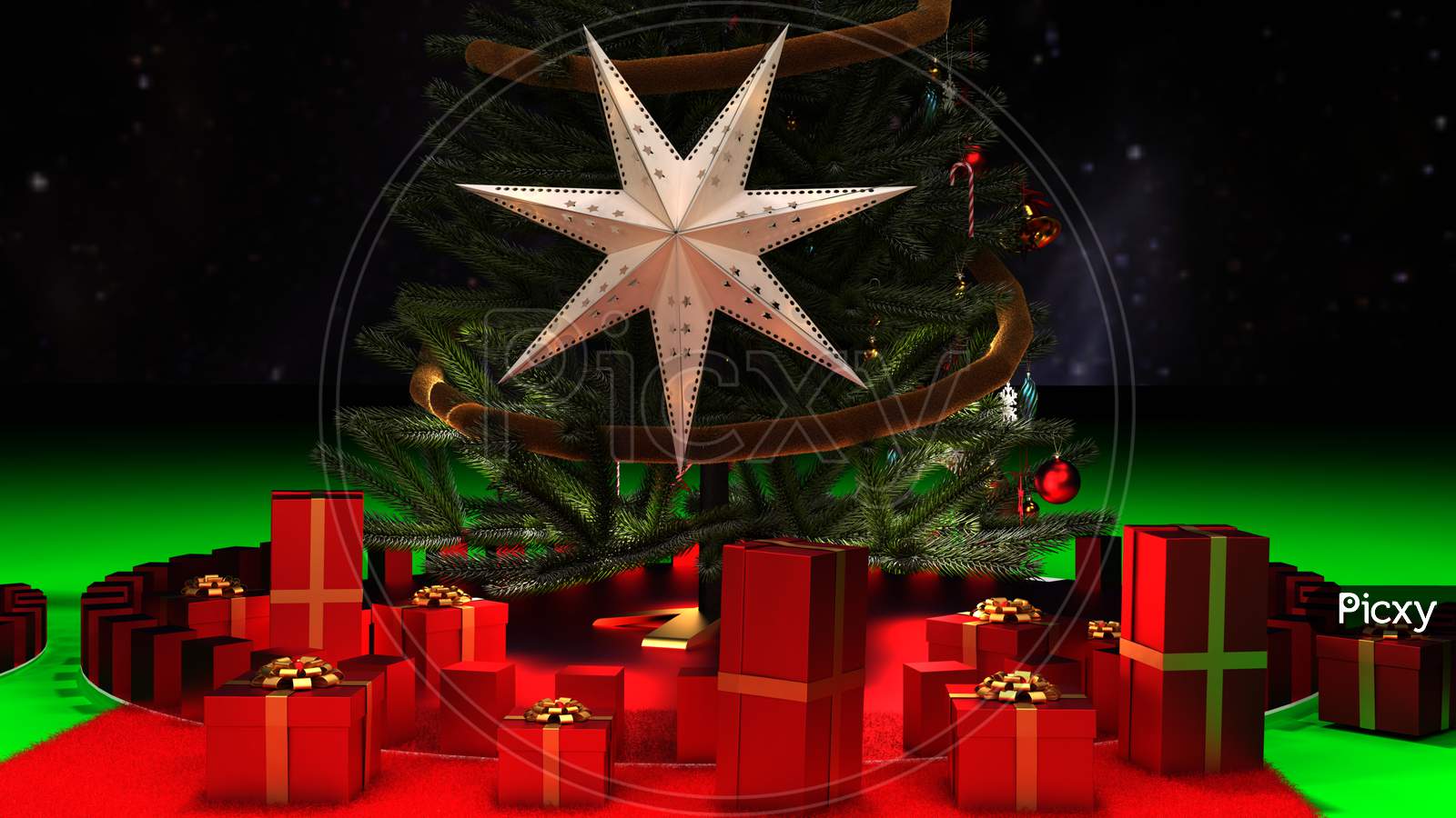 Christmas Decorative Tree With Star And Shiny Red Color Gift Boxes Binding By Gold Ribbon. 3D Render