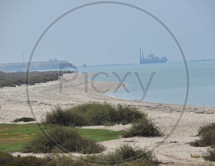 View Of A Sand Dragger Boat Anchored On A Seashore.Abu Dhabi,Uae.10.10.2020.
