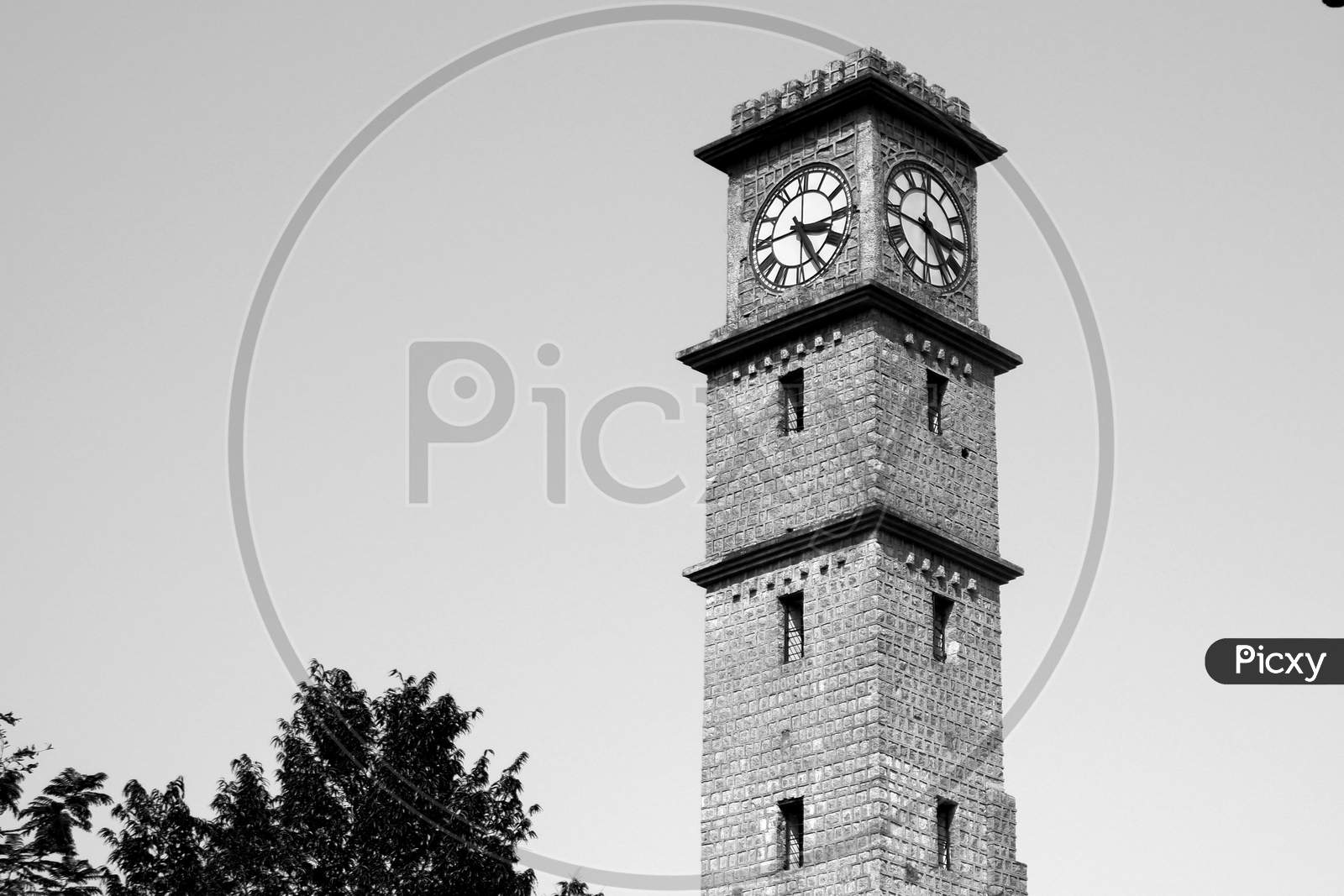 Close View Of Gulbarga University Library Clock Tower Isolated In Nature Monochrome Stock Photo